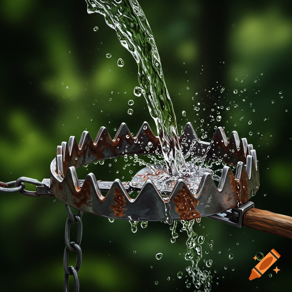 Water splashes over a rusty steel bear trap against a blurred green background.