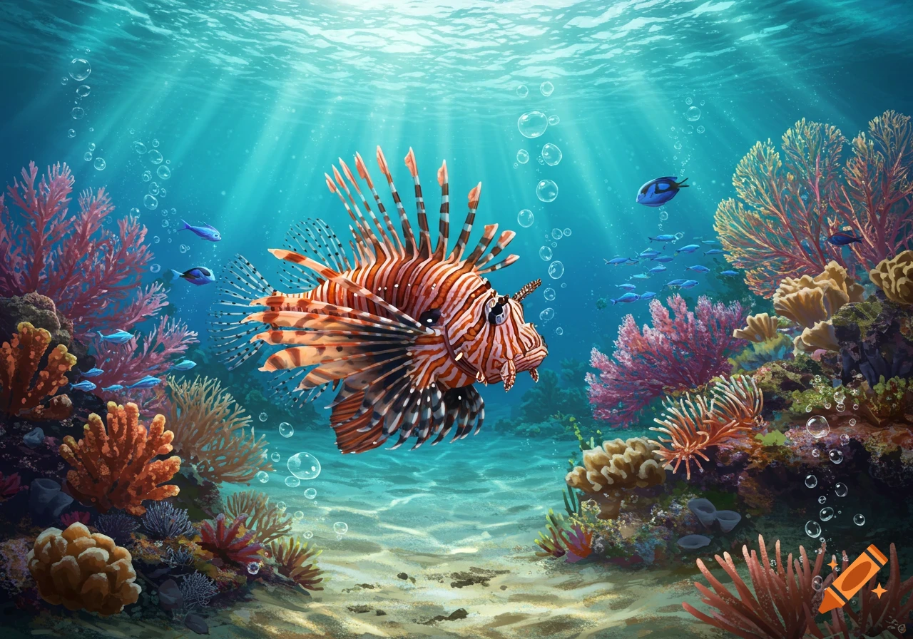 A vibrant lionfish swims in a detailed underwater coral reef scene with sunlight rays and schools of small fish.