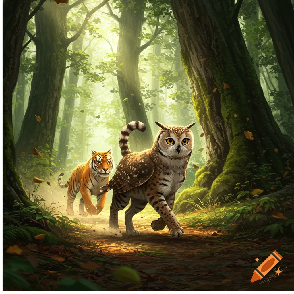 A hybrid creature with an owl's head and a cat's body runs through a sunlit forest, with a tiger following behind.