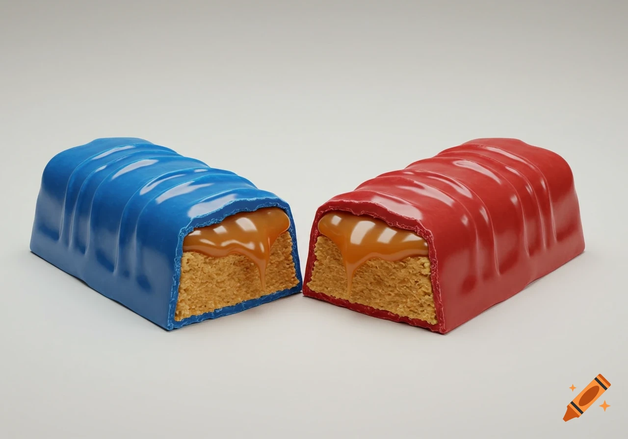 Two chocolate bars, one blue and one red, snapped in half to show caramel and nougat filling.