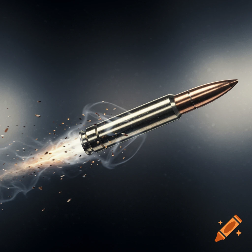 A close-up, photorealistic image of a metallic bullet with a copper tip in mid-flight, leaving a trail of smoke and debris.
