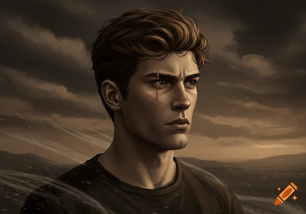 Digital painting of a stern young man with wavy brown hair and a prominent facial scar, looking into a stormy, overcast landscape.