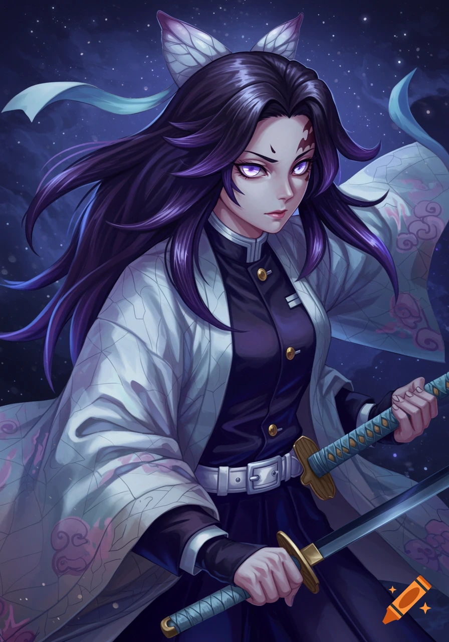 Anime illustration of a female character with long dark purple hair and glowing purple eyes, wearing a white patterned haori, holding two katanas.