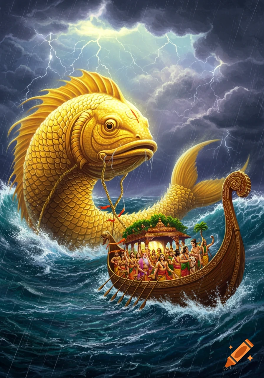 A giant golden fish pulls a boat filled with people through a stormy ocean with lightning in the sky.