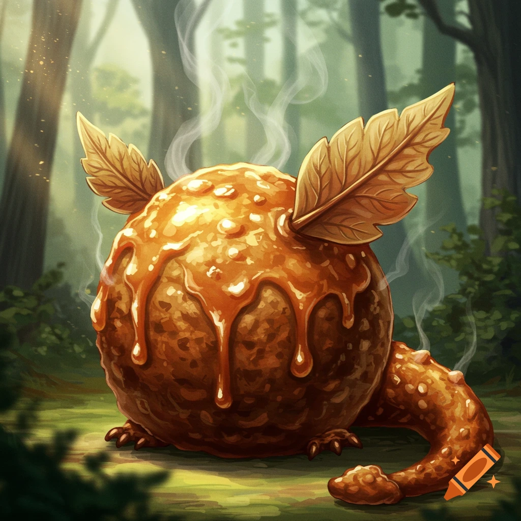 A steaming, gravy-covered meatball creature with leaf wings and a scaly tail stands in a lush forest.