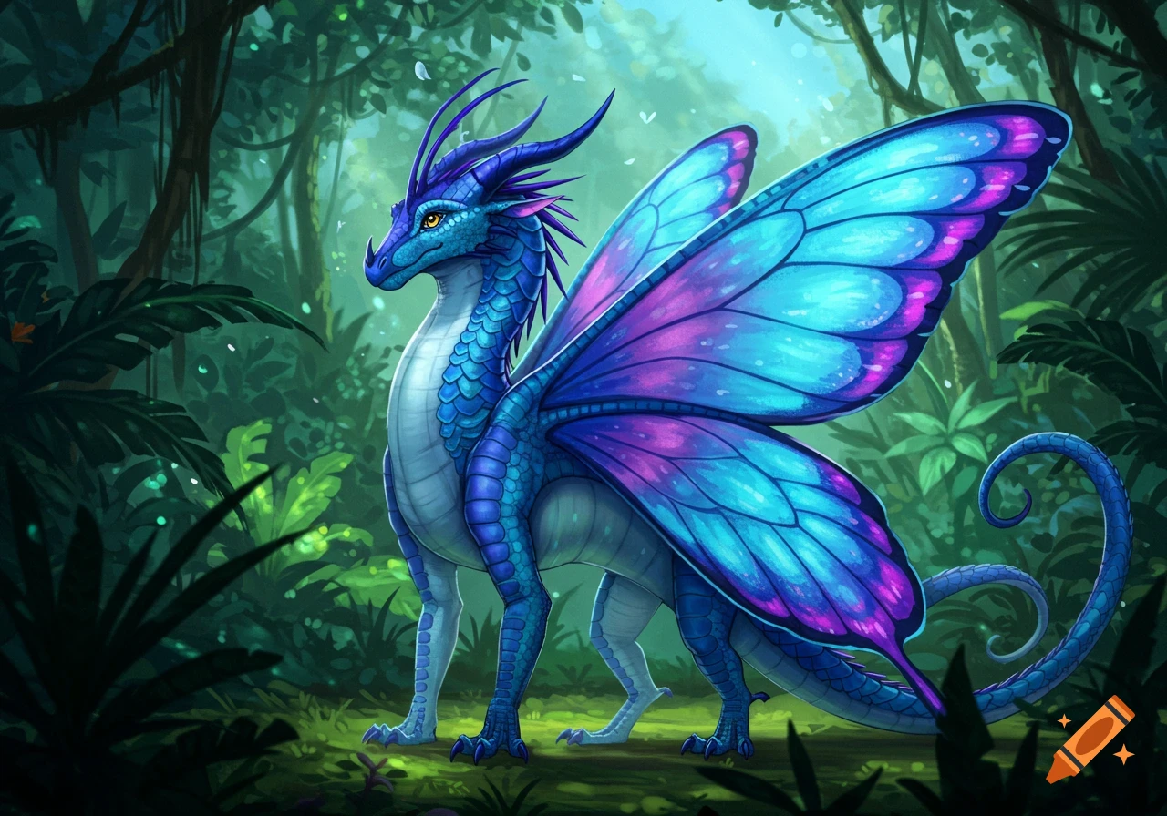 A vibrant blue dragon with large blue and purple butterfly wings stands in a lush green jungle.