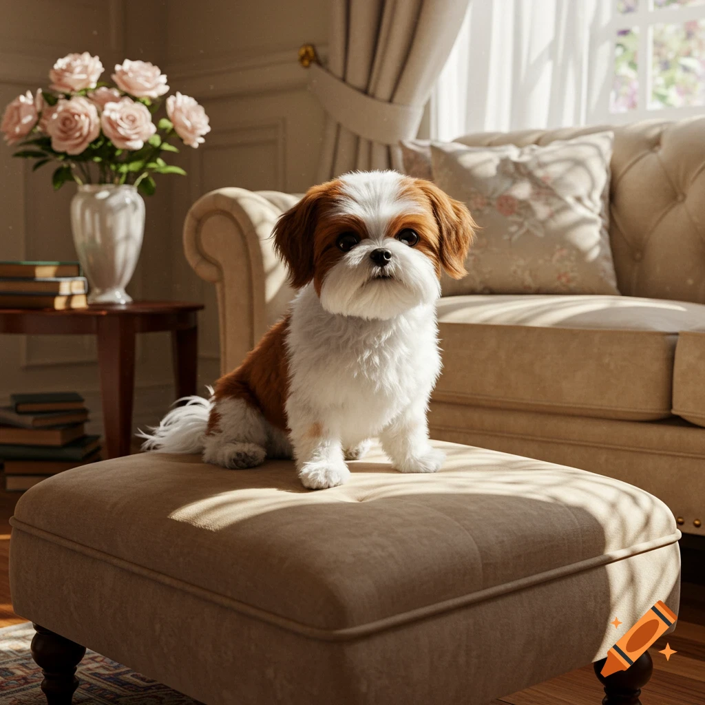 A photorealistic brown and white Shih Tzu dog sits on a light brown ottoman in a sunlit room with a couch and flowers.
