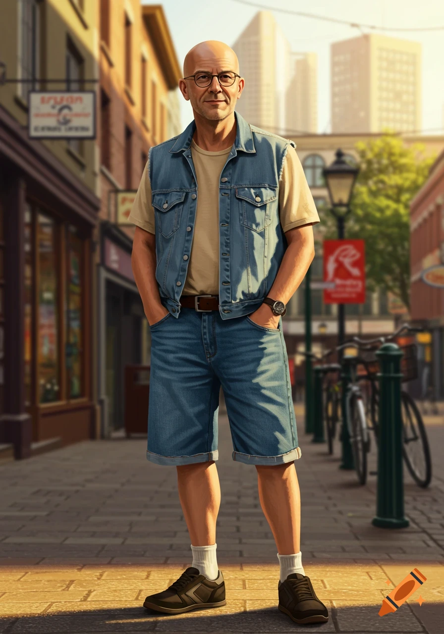 A bald man in a denim vest and shorts stands on a sunny city street, hands in his pockets. Photorealistic style.