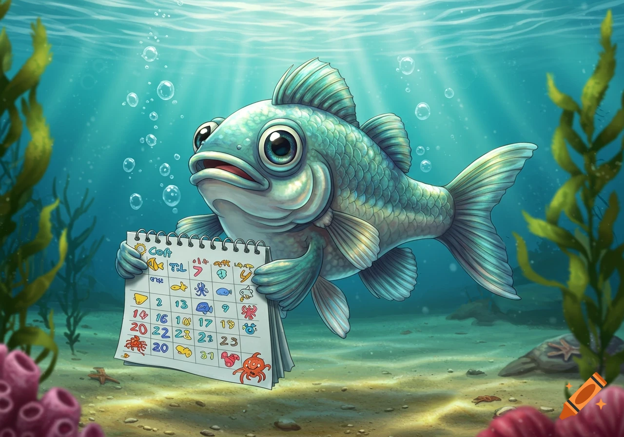 A cute, big-eyed cartoon fish holds a small calendar underwater surrounded by seaweed and bubbles.