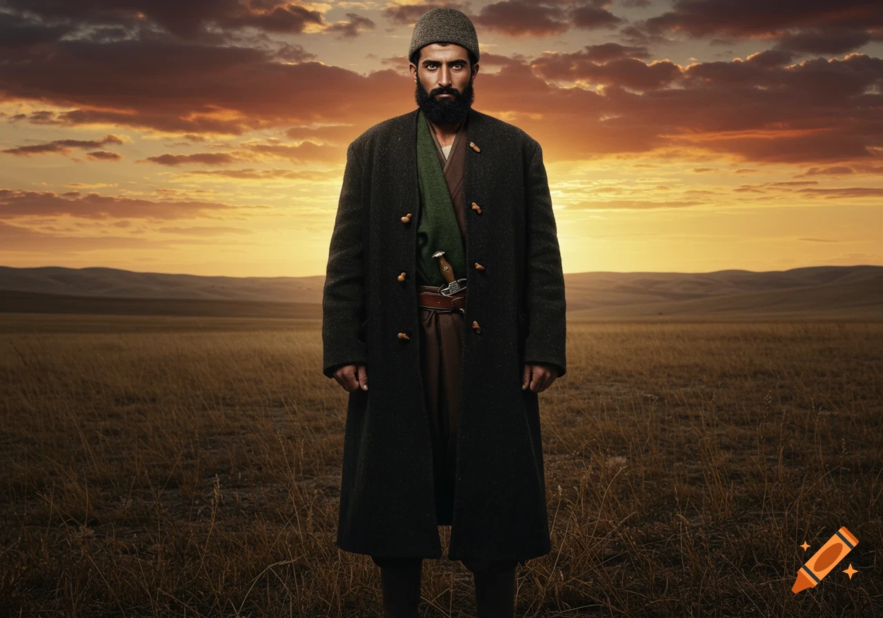 A rugged Iranian nomadic man with a beard and a long dark coat stands in a vast dry plain under a dramatic sunset sky. Photorealistic.