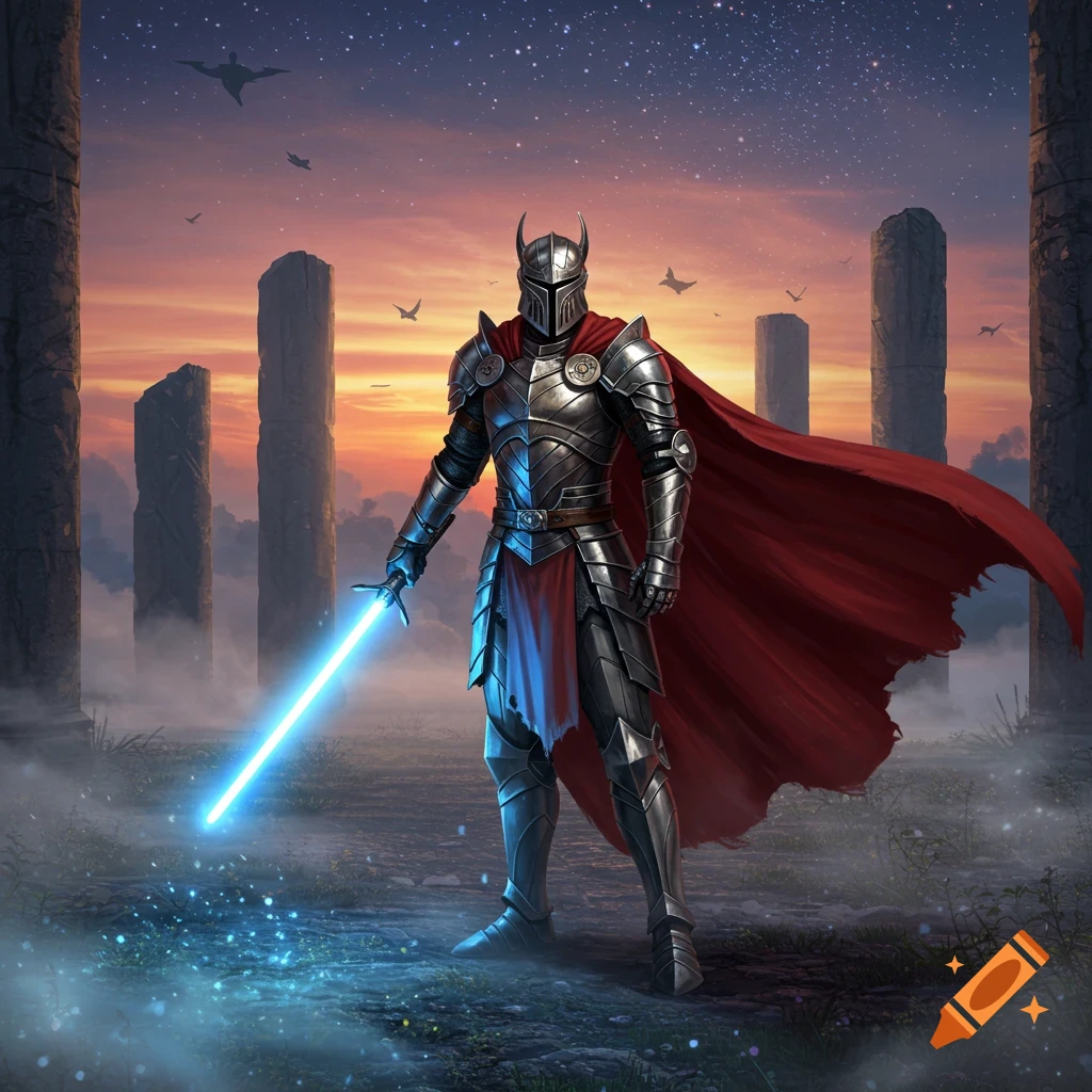 A knight in silver armor and a red cape holds a glowing blue lightsaber, standing among ancient stone pillars at sunset.