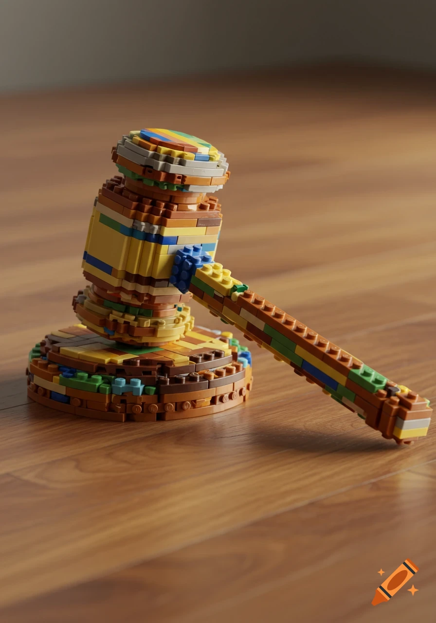A photorealistic gavel made of colorful Lego bricks rests on a wooden floor.