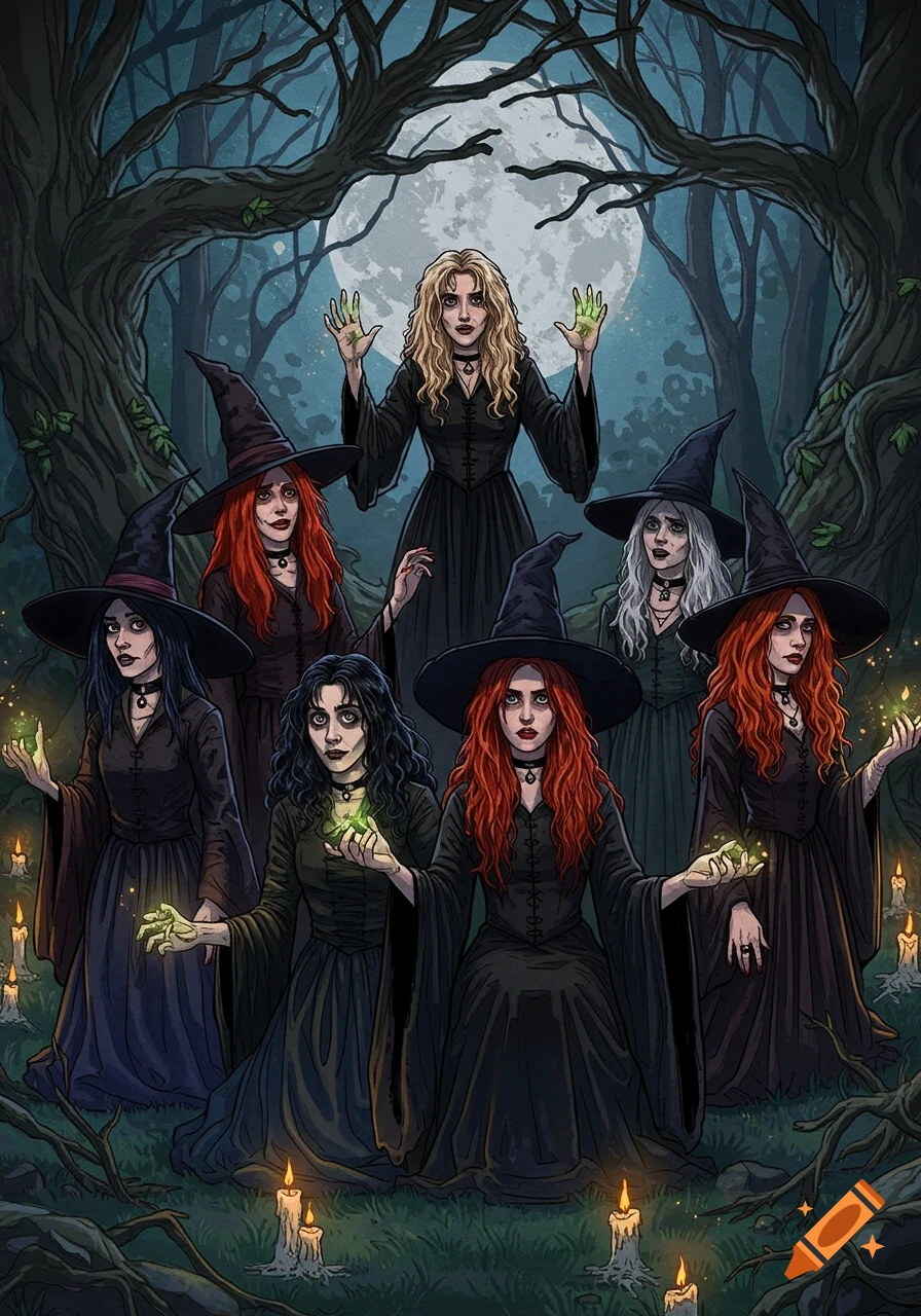 Seven witches in black robes gathered in a dark forest under a full moon, some holding glowing magic, in an illustrative style.