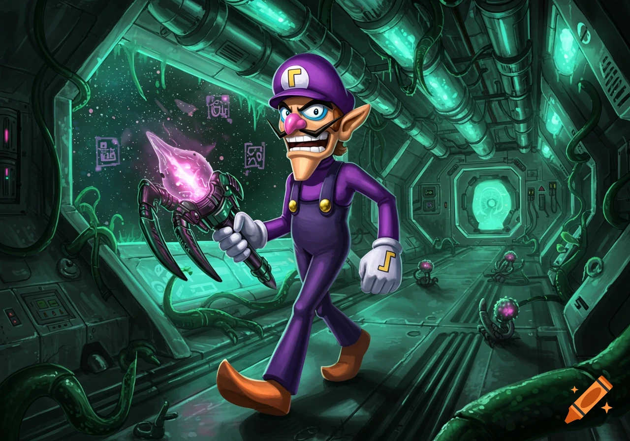 Waluigi walks through a futuristic, dark green alien corridor, holding a glowing purple weapon that resembles a spider.