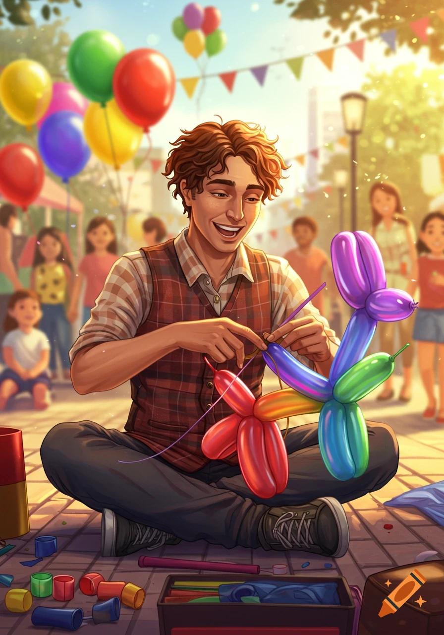 A young man sits cross-legged, smiling as he twists colorful balloons into animal shapes at a vibrant outdoor fair.
