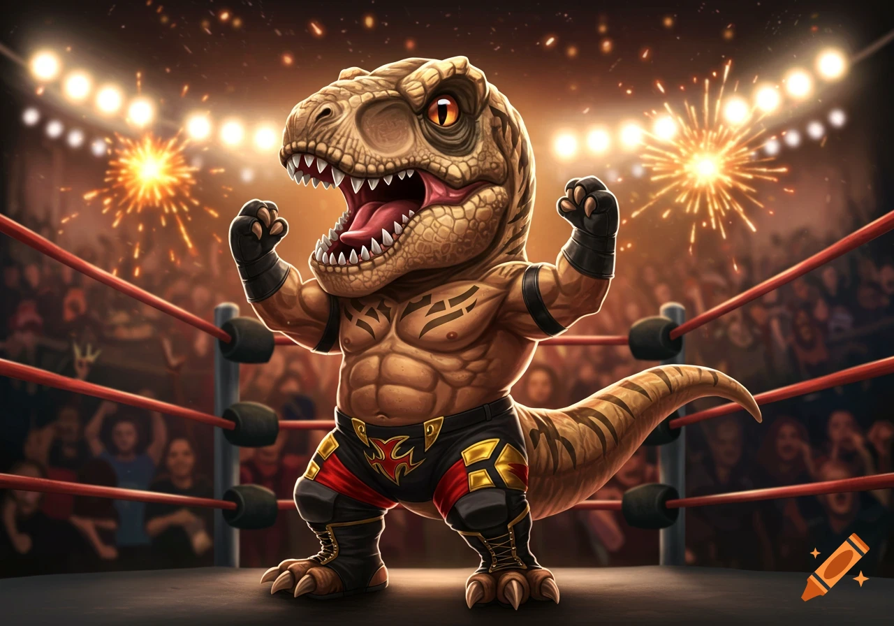 A cartoon mini T-Rex in wrestling attire flexes triumphantly in a wrestling ring, with an excited crowd and fireworks.