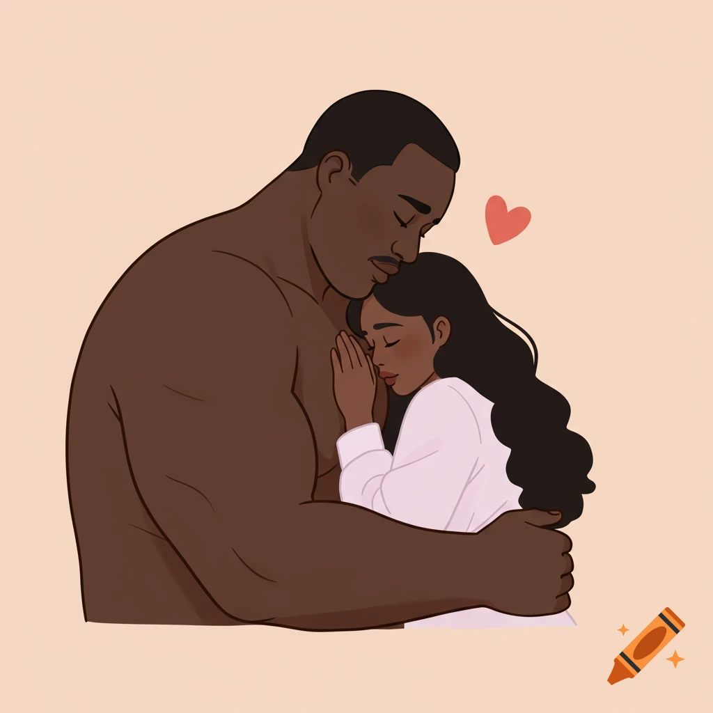 A minimal digital illustration of a Black man gently hugging a Black woman, with a red heart floating above.