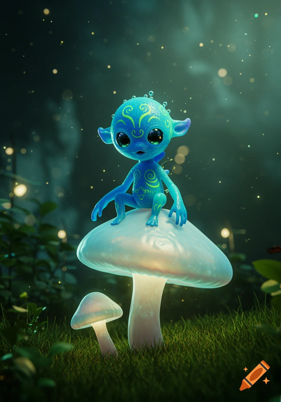 Photorealistic image of a small blue alien-like creature with large eyes and patterns, sitting on a glowing white mushroom in a dark, magical forest.
