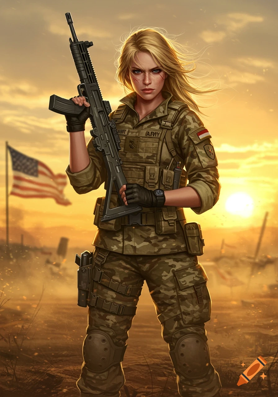 A blonde woman in military fatigues holding a rifle, standing in a desert landscape with an American flag at sunset.