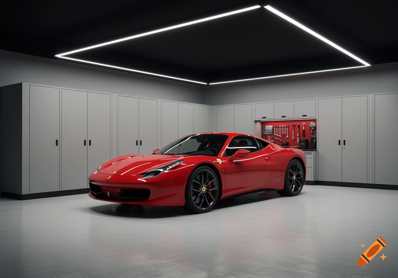 A red Ferrari sports car parked in a modern garage with a light grey floor and walls, a black ceiling, and grey cabinets.
