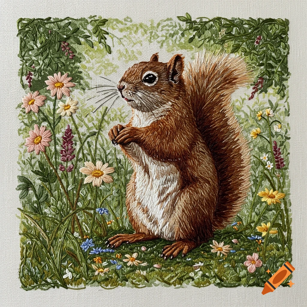 Realistic embroidery of a brown squirrel sitting among colorful wildflowers and green grass.