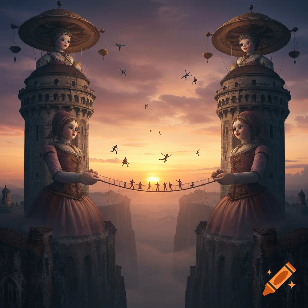 Two giant doll-like figures on towers hold a bridge with tiny people jumping and falling over a canyon at sunset.