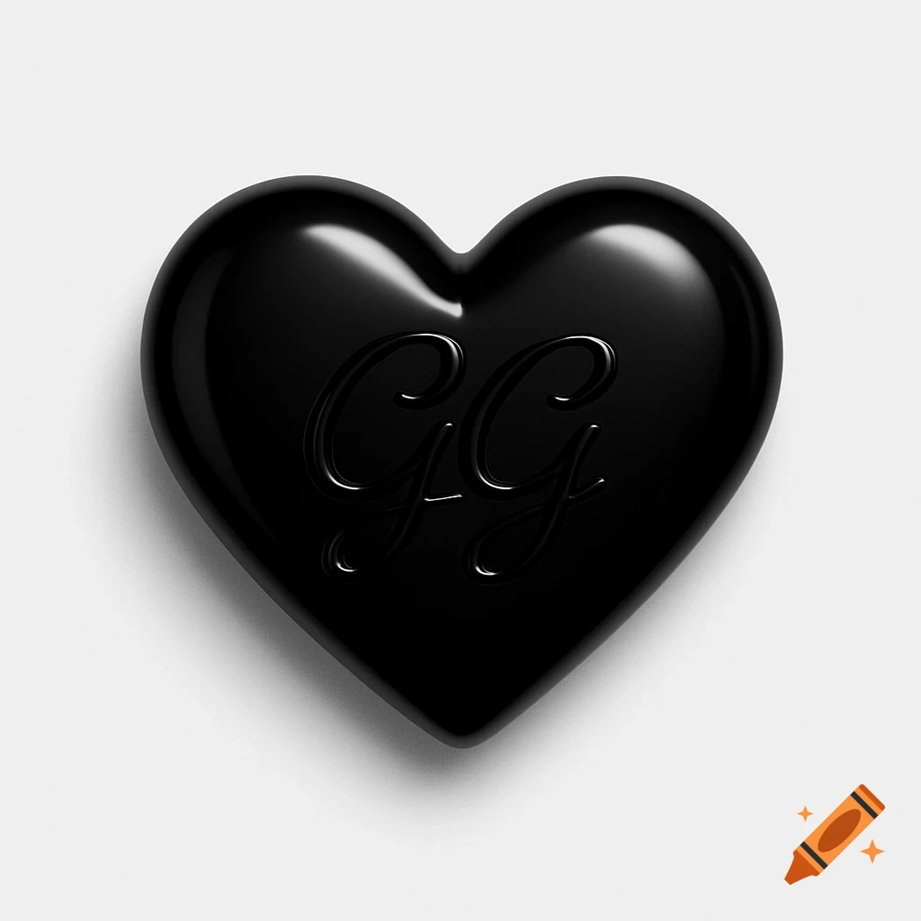 A shiny black heart with the letters GG embossed in a script font on its surface, set against a white background.