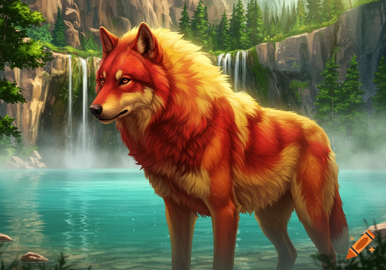 A majestic dire wolf with red and yellow fur stands by a turquoise lake with waterfalls and a forest in a vibrant illustration.