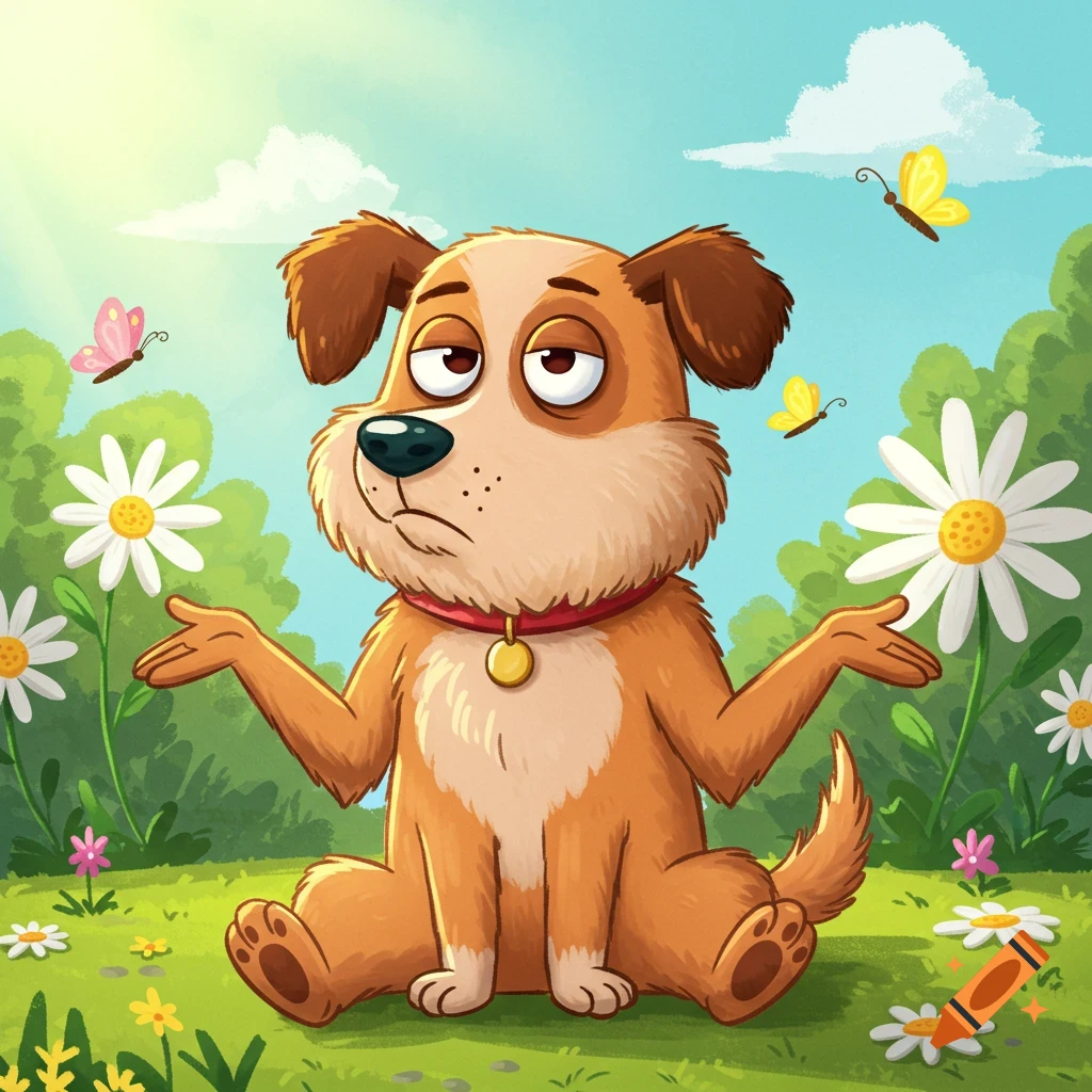 A cute cartoon dog sits in a field of daisies and grass, shrugging with an indifferent expression as butterflies fly around it.