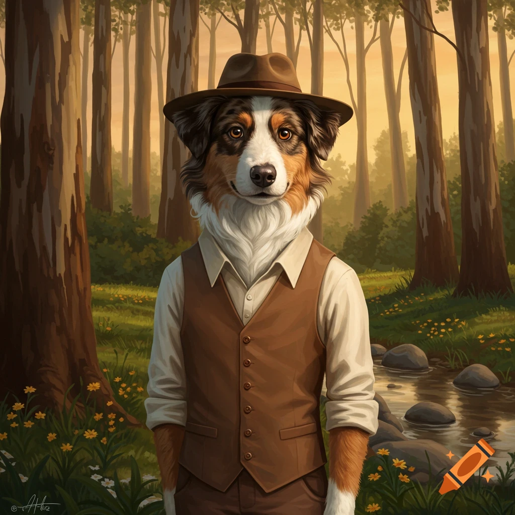 An anthropomorphic Australian Shepherd dog wearing a hat and vest stands in a forest.