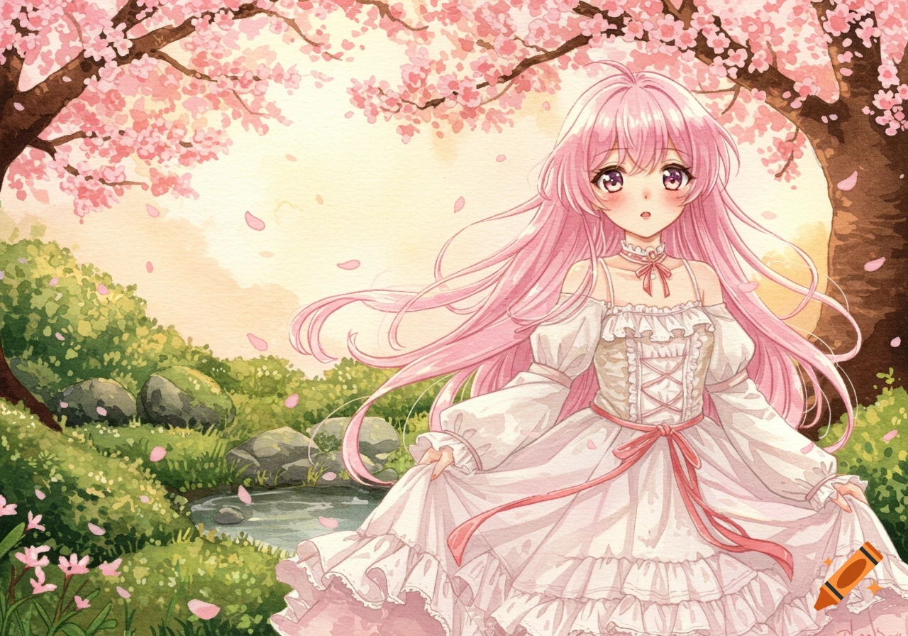 Anime girl with long pink hair in a white dress standing under cherry blossom trees in a watercolor style.