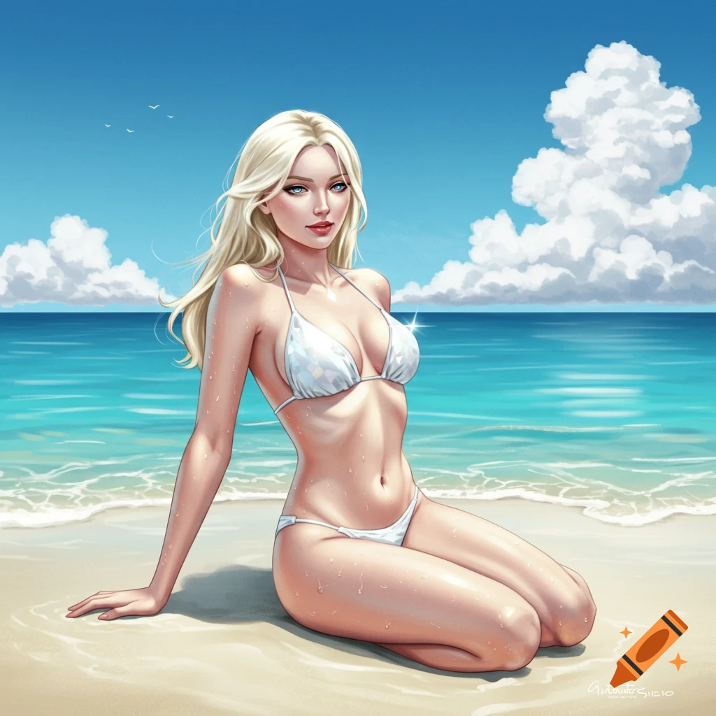 An illustrated woman with long blonde hair in a white bikini kneels on a sandy beach with blue ocean and sky behind her.