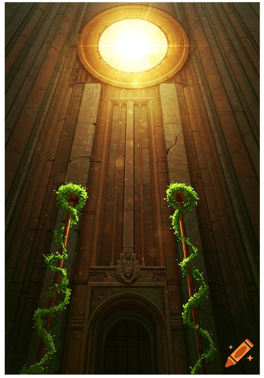 A towering fantasy academy interior with a circular skylight radiating golden light, flanked by two poles with green vines.