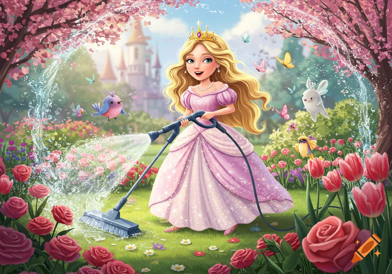 A cartoon princess in a pink sparkling gown power washing flowers in a vibrant, magical garden with a castle in the background, surrounded by birds and butterflies.