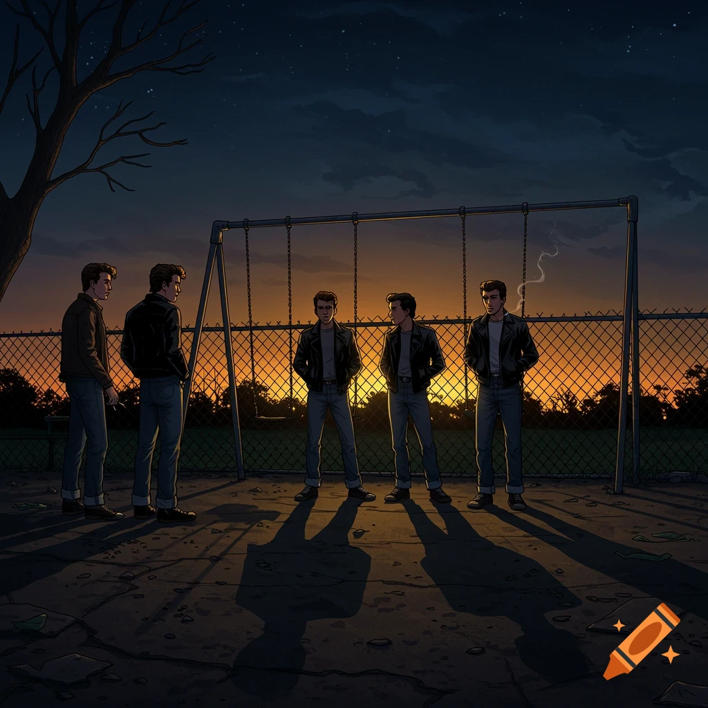 Five young men in leather jackets stand by a swing set in a park at dusk with an orange sunset, in an illustrative style.
