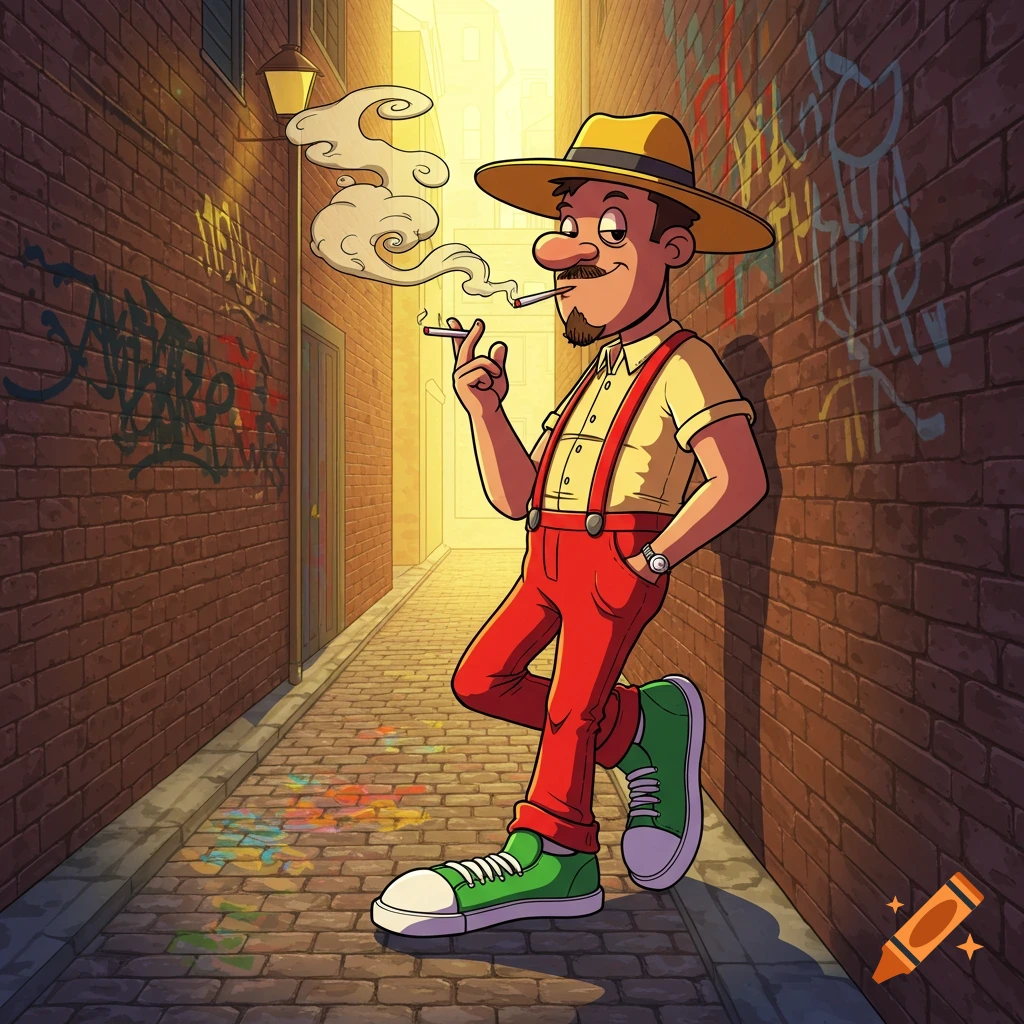 Cartoon man in a hat and suspenders smoking a cigarette in a dark alley with graffiti, brightly lit at the end.
