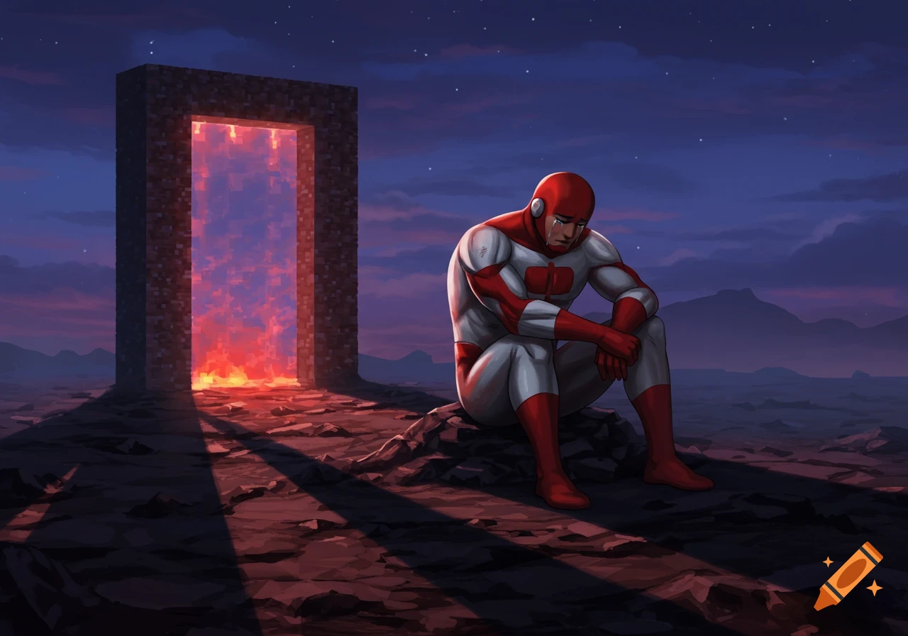 A crying superhero in red and white suit sits on rocks next to a glowing Minecraft Nether portal in a desolate landscape under a starry night sky.