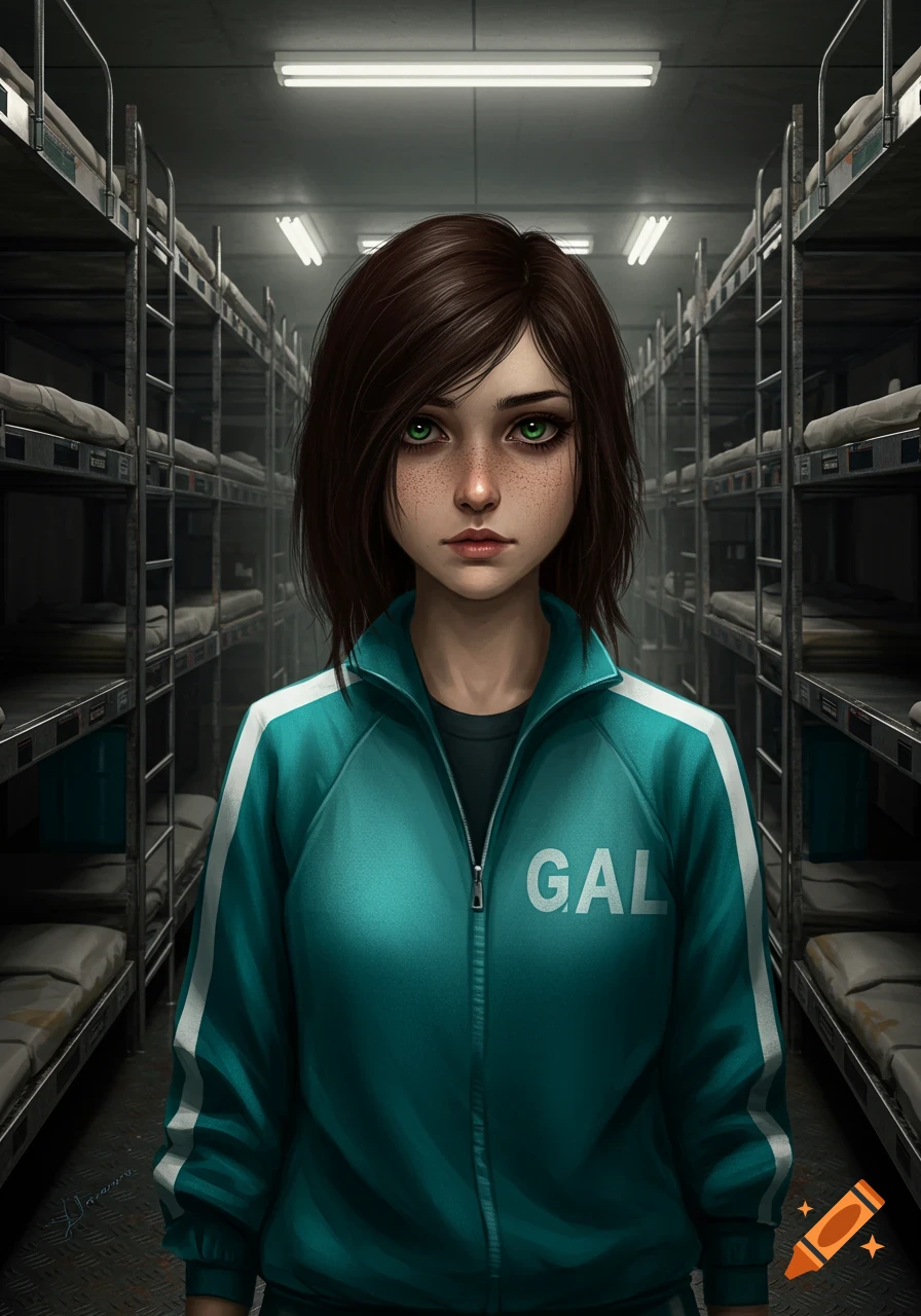 A stylized young woman with short brown hair, green eyes, and freckles stands in a teal tracksuit in a bunk bed filled dormitory.