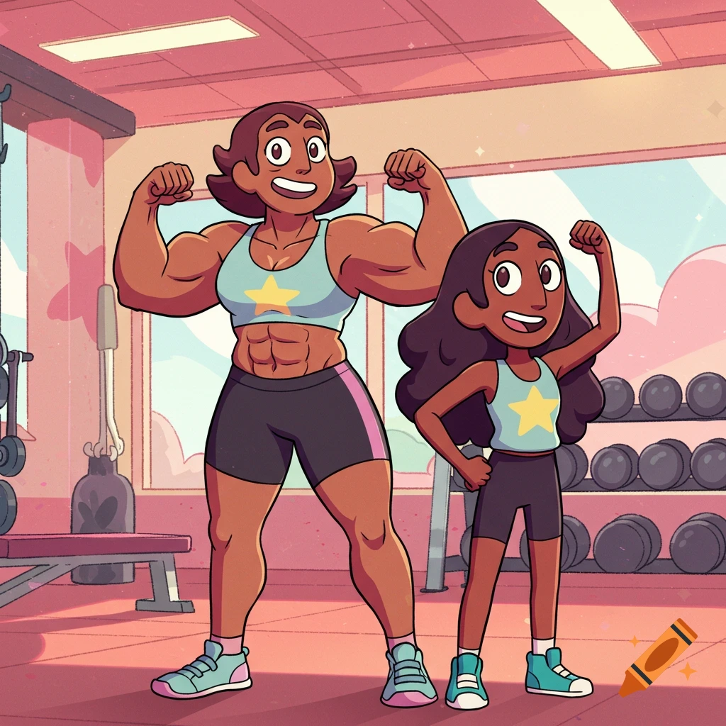 Connie's mom, heavily muscled, and Connie from Steven Universe flexing in a gym, cartoon style.