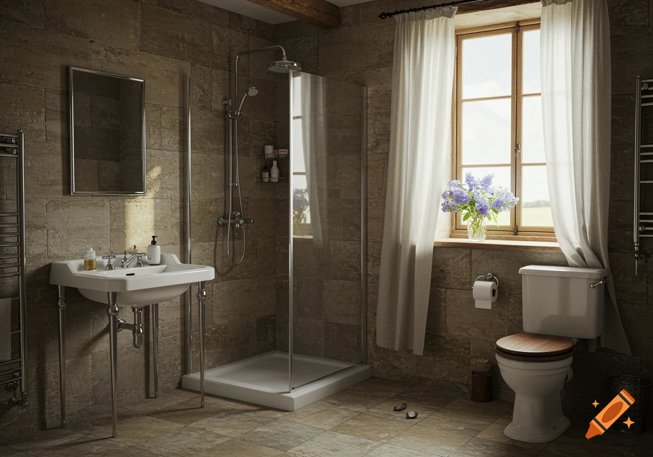 A rustic English countryside bathroom with stone tiles, a white sink, glass shower, and toilet, featuring a window with sheer curtains and purple flowers.