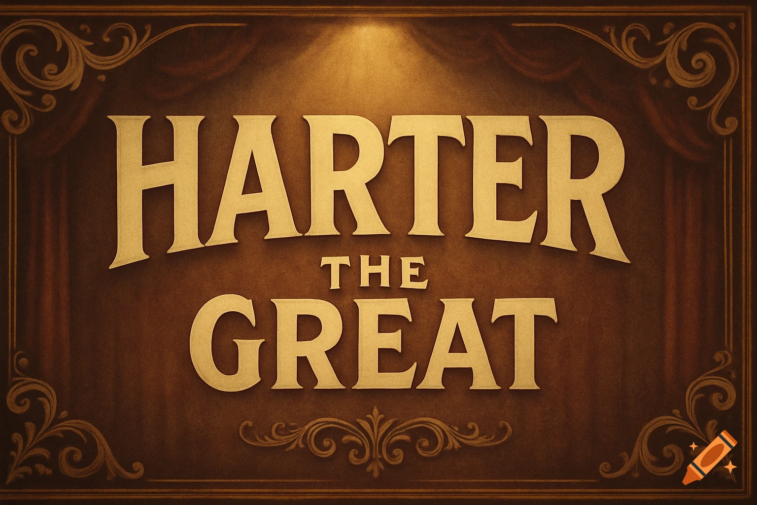Vintage brown and gold poster with ornate frame saying 'HARTER THE GREAT' under a spotlight.