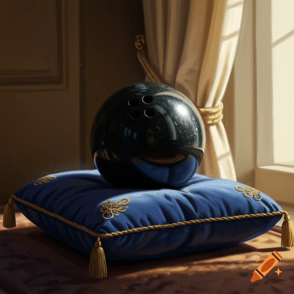 A shiny black bowling ball resting on a royal blue pillow with gold tassels and embroidery, lit by sunlight from a window.