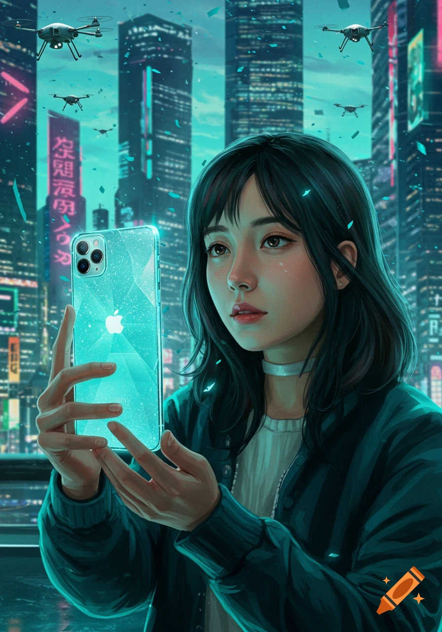A stylized portrait of a young woman with dark hair holding a glowing, glittery iPhone in a futuristic cyberpunk city with neon lights and drones flying.