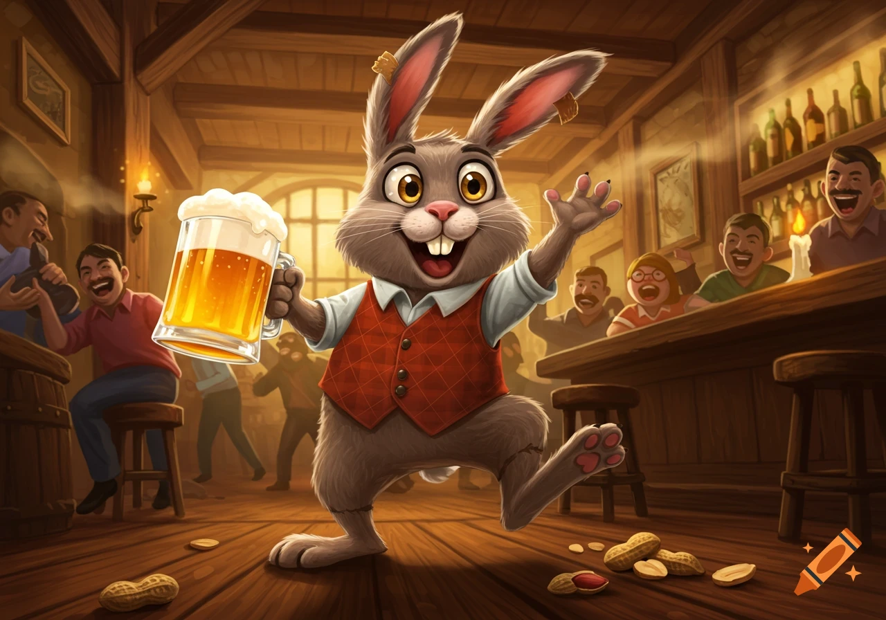 A happy, cartoon rabbit in a red vest holds a foamy beer mug and waves inside a lively, rustic bar with laughing patrons.