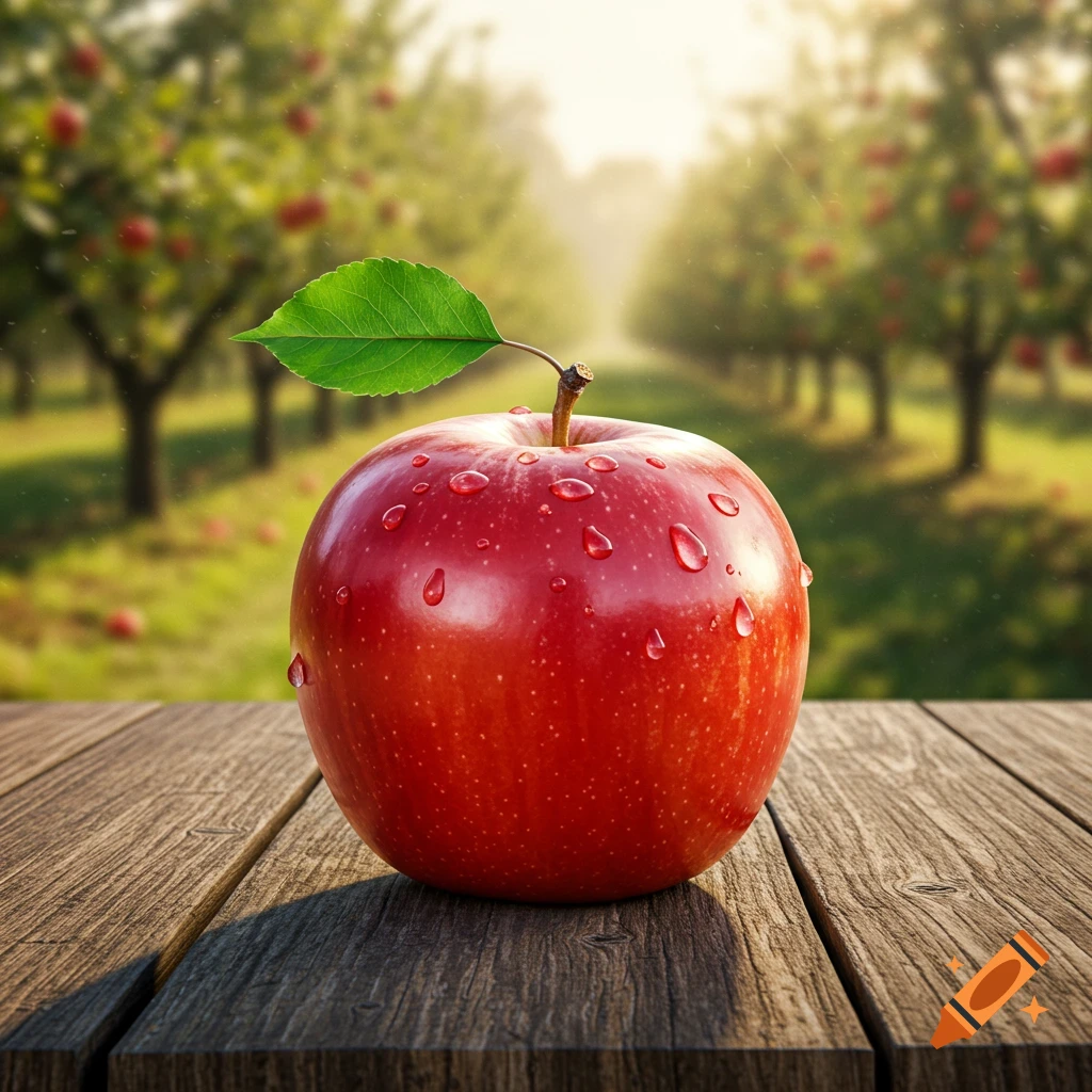 A close-up photorealistic image of a wet red apple with a green leaf on a wooden table in an apple orchard.