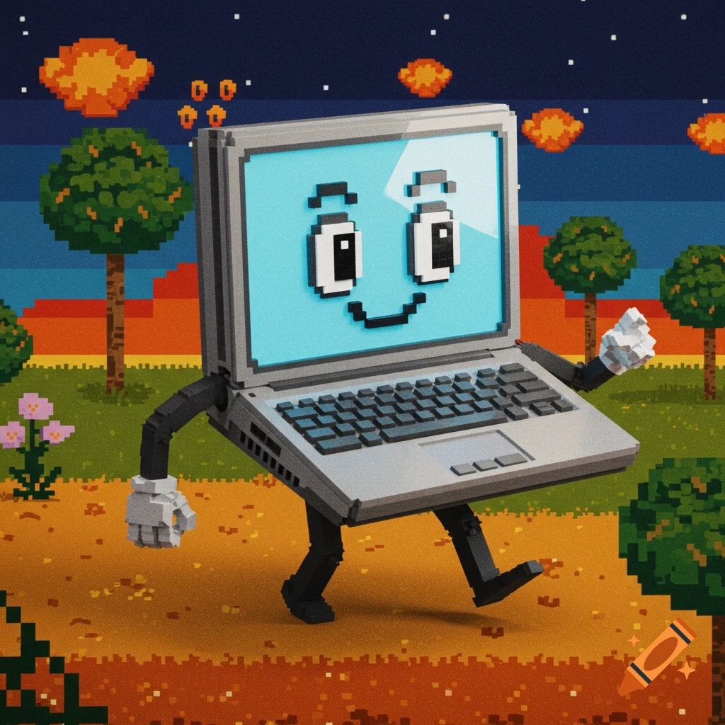 A walking, anthropomorphic pixel art laptop character with eyes and a smile, in a pixelated landscape with trees and orange clouds.