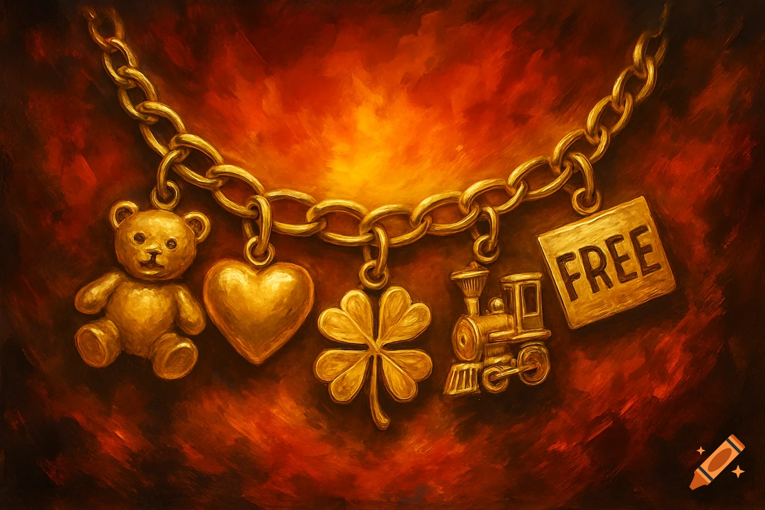 A gold charm bracelet with a teddy bear, heart, four-leaf clover, train, and a "FREE" charm, against a painted fiery red background.