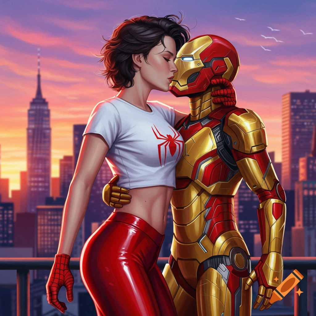 An illustrated scene of a woman in a Spider-Man crop top kissing Iron Man on a city rooftop at sunset.