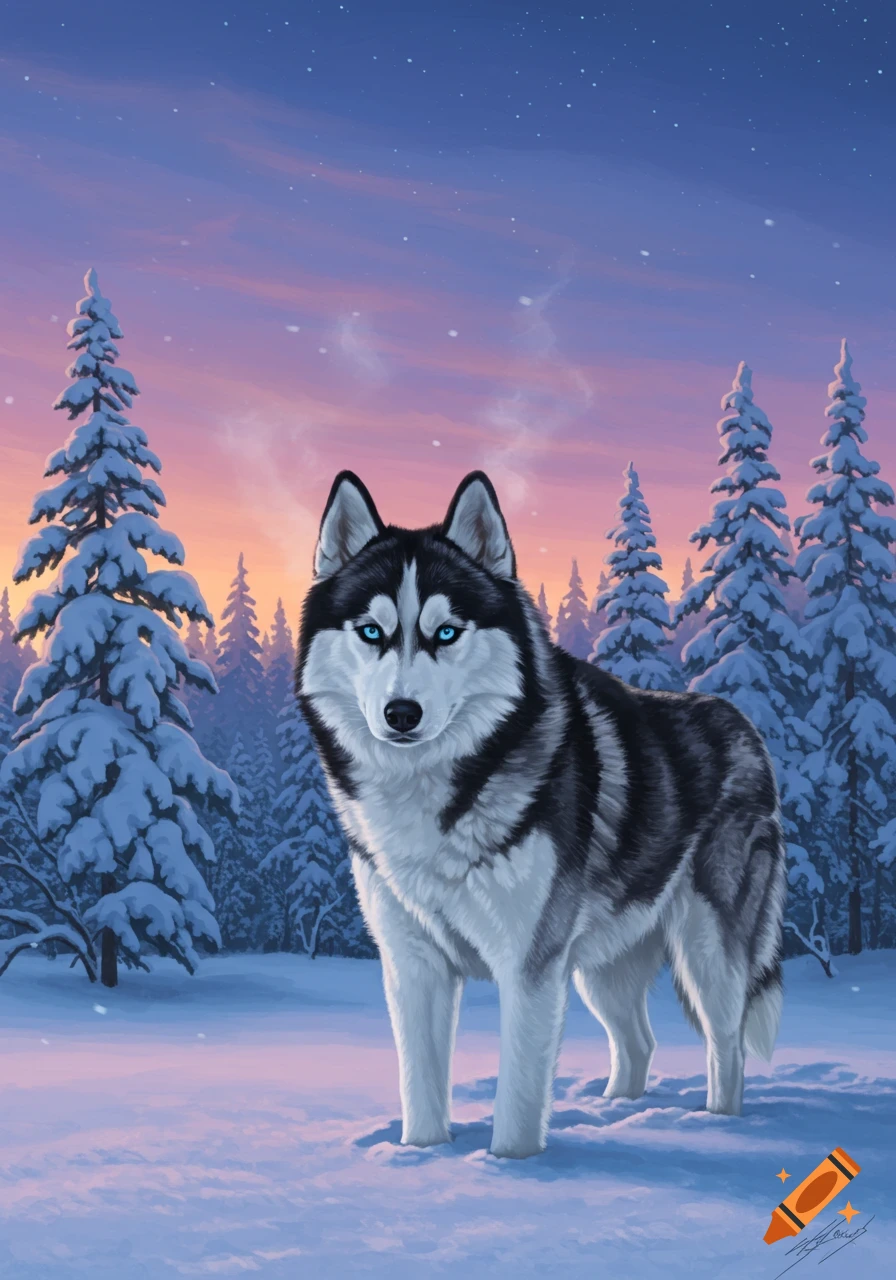 A black and white husky with striking blue eyes stands in a snowy forest under a pink and purple sky.