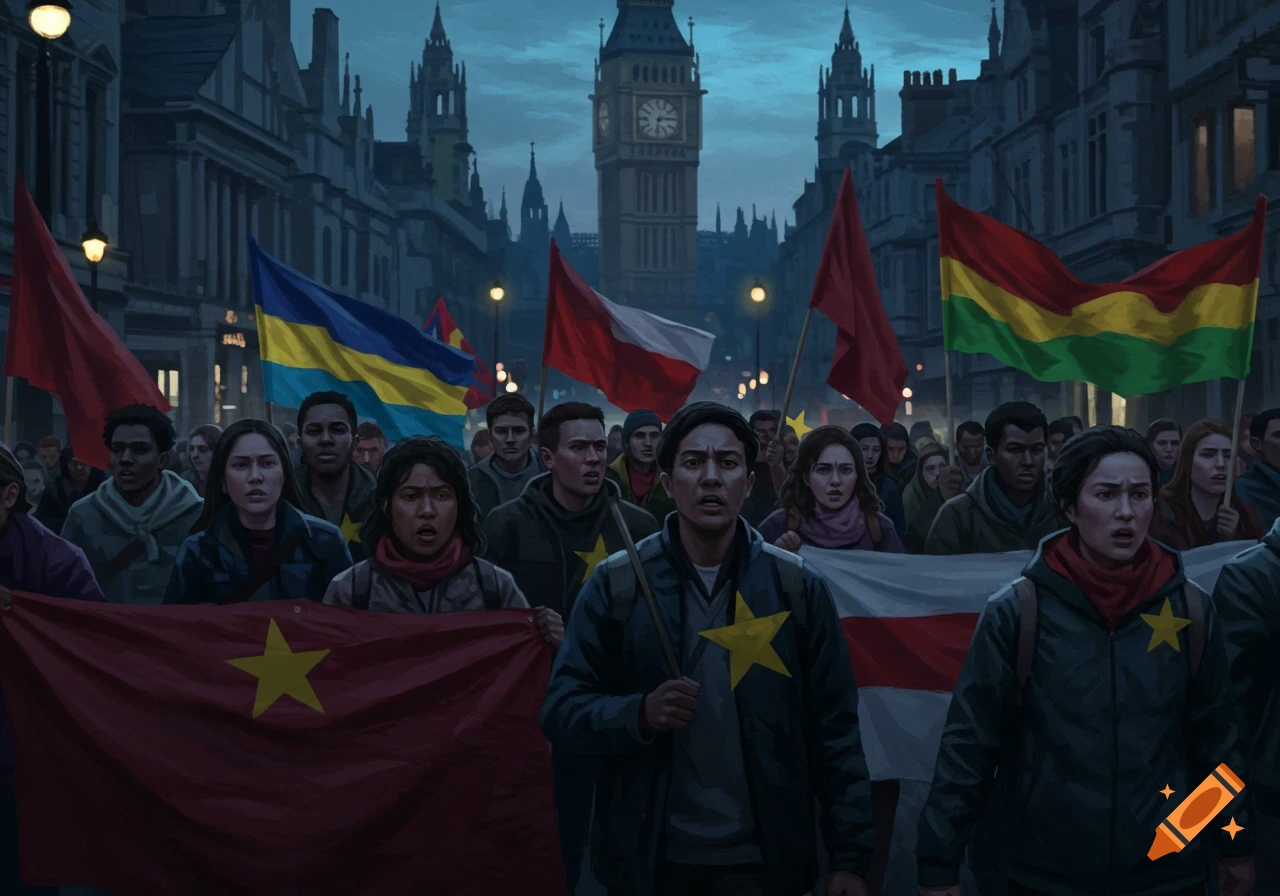 A crowd of protestors holding various flags marches down a street with Big Ben in the background at dusk. Many wear yellow stars on their chests.